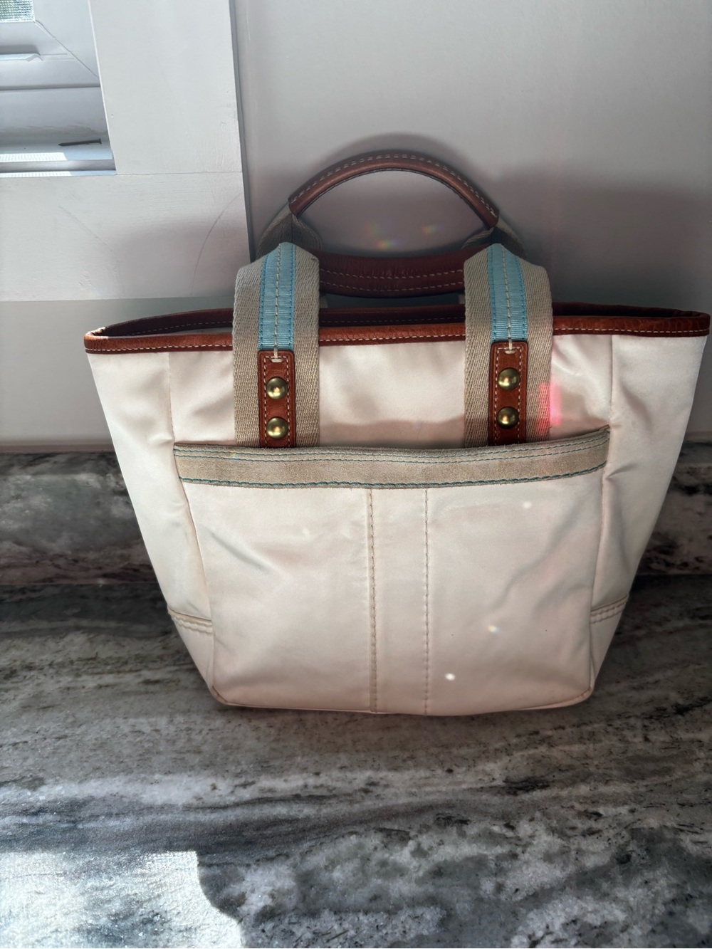 VINTAGE Coach 2005 Y2K Hamptons Nylon Mini Tote Bag Cream Ice Blue Trim #126 - Picture 9 of 12